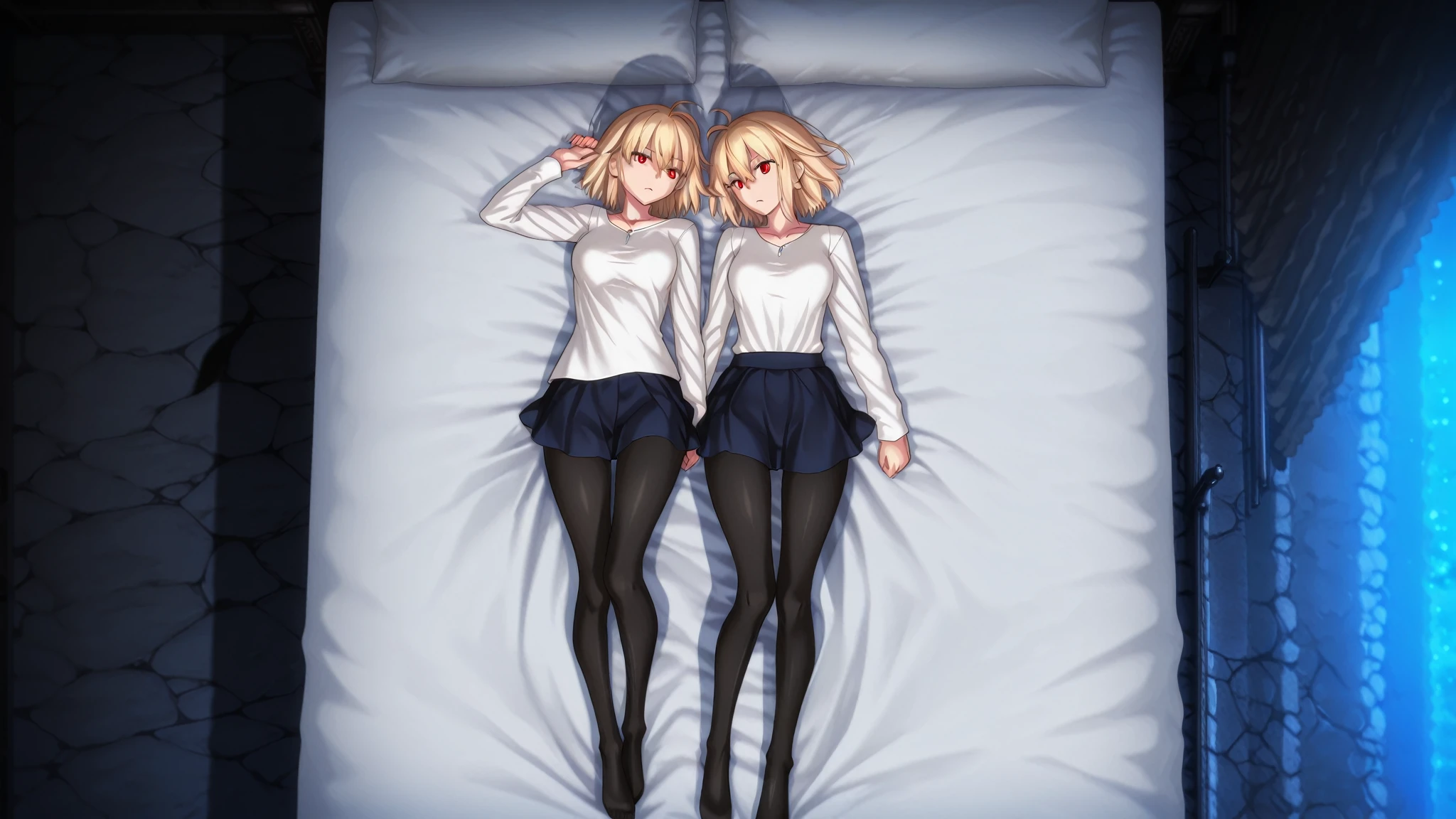 two girls sitting on bed, detailed faces, detailed expressions, relaxed, ponytail, bob haircut, sitting on bed, sitting on floor, talking, room background, best friends, classmates, 1k small room, curtains, bed, tv, desk, loungewear, kyoto animation style, kyoto animation atmosphere, (tearful)