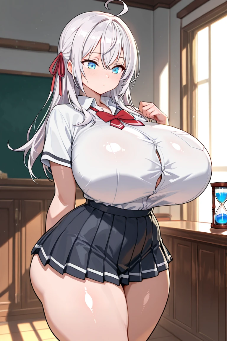 masterpiece, best quality, ultra highres, solo, (skinny body, thin body, narrow hip:1.3), narrow waist, skinny thighs, red eyes, sparkling pupils!, white hair, braid, hairclip, (gigantic sagging breasts, gigantic breasts:1.4), (school uniform, dress shirt, cardigan, pleated skirt:1.7), bow, classroom, cowboy shot, standing, (from above:0.7), bashful,