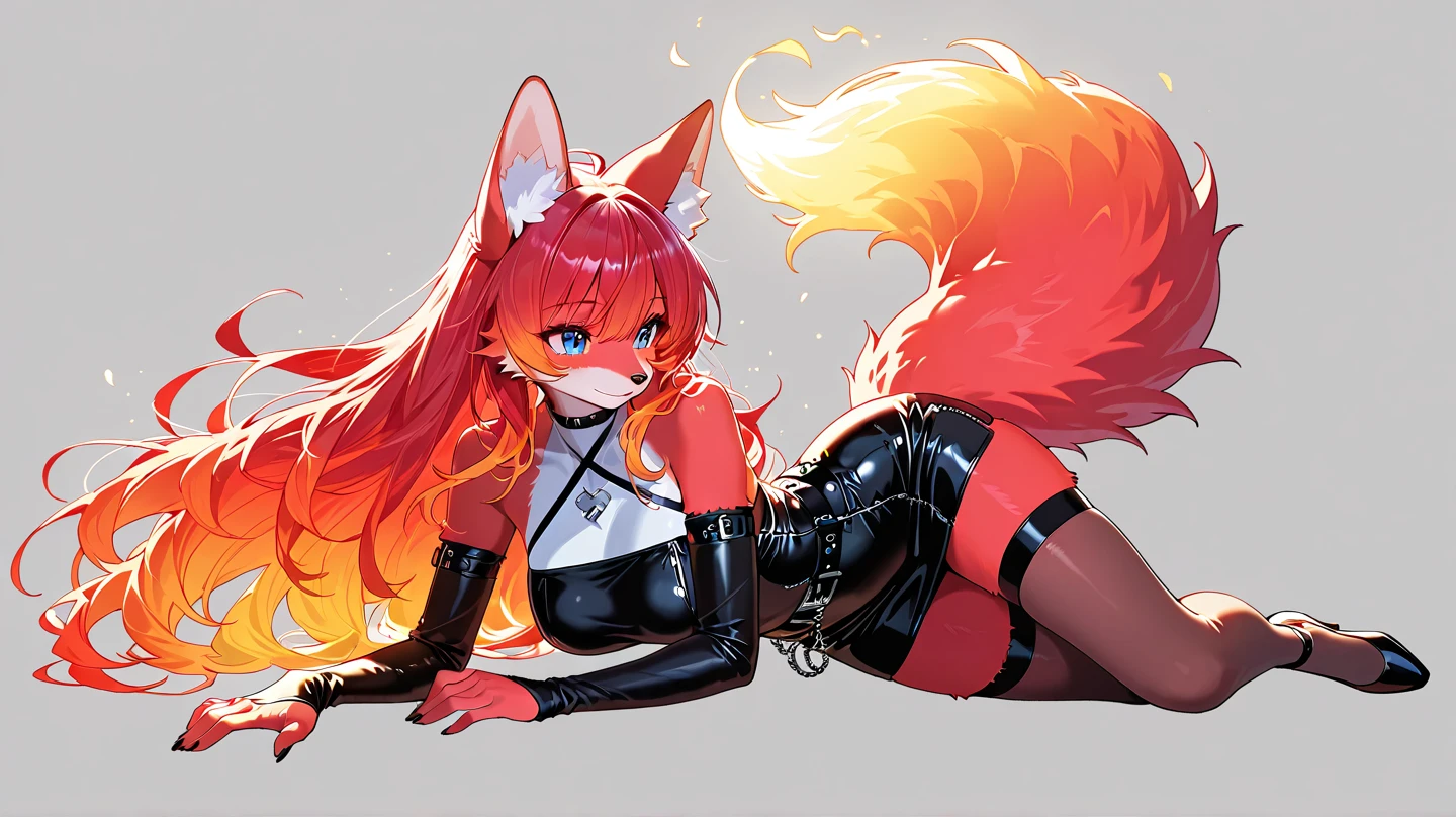 (Masterpiece: 1.5, best quality, high resolution: 1.3, super resolution, super detailed, ultra detailed: 1.3, rich background: 1.2, 1 woman)) pale skin + red hair + short hair messy in various directions + amber eyes + eyelashes long and red + feminine body + medium chest + wide hips + fangs + ears and puppy tail (sleeveless neoprene top, high shorts, thigh-high stockings, detailed high boots, dog collar on her neck) ((smiles, sitting squat, black background with white gradient)) (colors for clothing and accessories: silver, black, white, cream, red)
