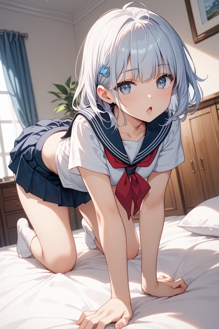 (8K, Highest Quality, Masterpiece:1.3)), Ultra HD, (1 girl, 1 person), (Color changing eyes, Ultra detailed, Expressive glow, Sparkling eyes), Very detailed eyes, Very detailed face, Random hair, (Silver-gray color), Exposed, On all fours, Angle from behind, Sunset, (Cute panties:1.3), (Ecstatic expression:1.2), Protruding buttocks, White skin, Seductive, Dripping pussy juice down thighs, Waterlogged floor, Classroom, Sailor uniform