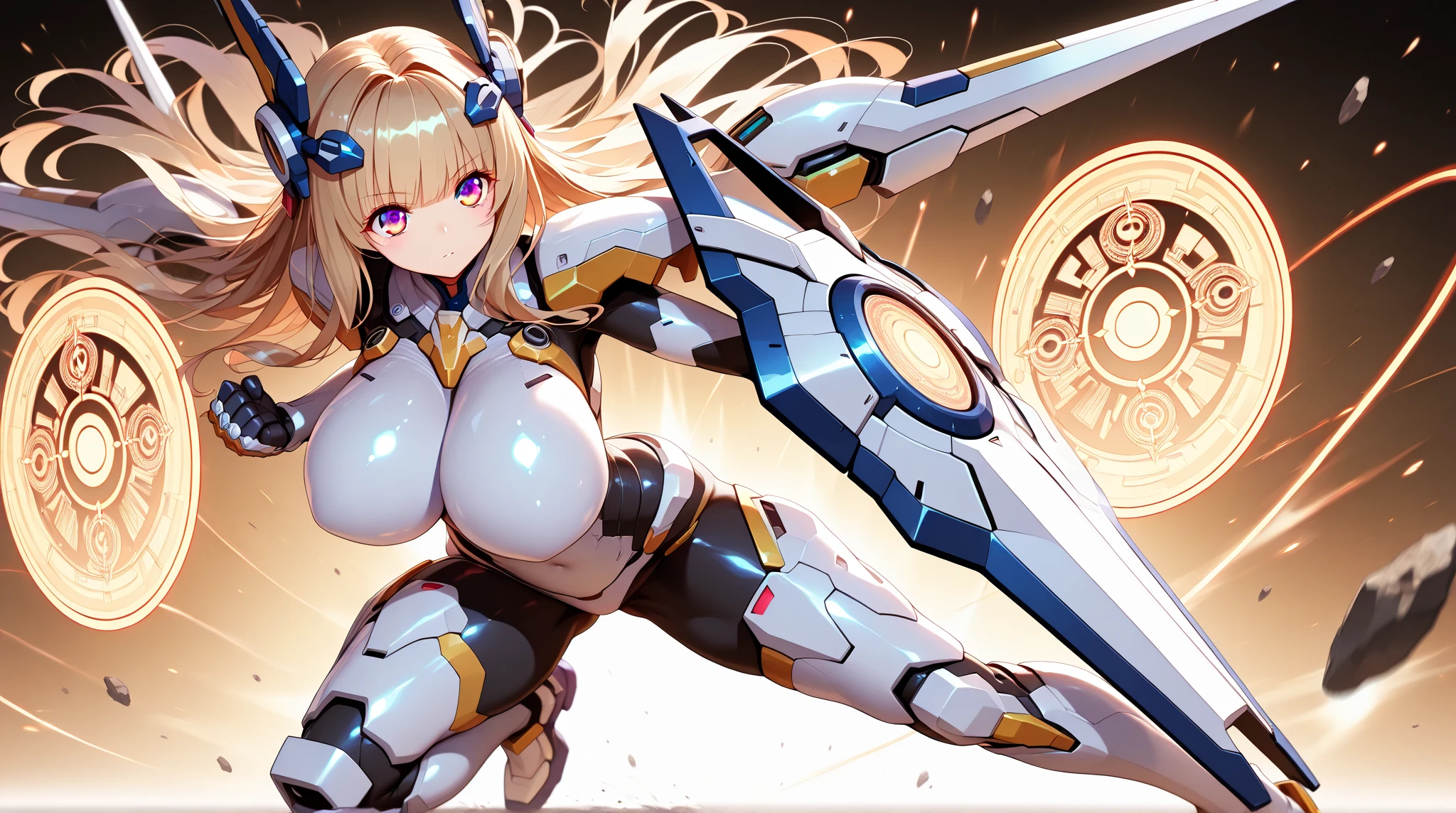 Mecha Armor, Gold Metallic Armor, Gigantic Gatling, Gigantic Plasma Launcher, Gigantic Laser Rifle, Futuristic, Plasma Battery Cell, Holding Weapon, Intricate Detail, Super Detail, 8k Wallpapers, Best Quality, UHD, Masterpiece, Anatomically Correct, Textured Skin, Beautiful Detailed Skin, Beautiful Eyes, High Details, Insanely Detailed, High Quality, Highres, 1080P, 16k, Beautiful And Graceful, Breathtaking, Anime Epic Artwork