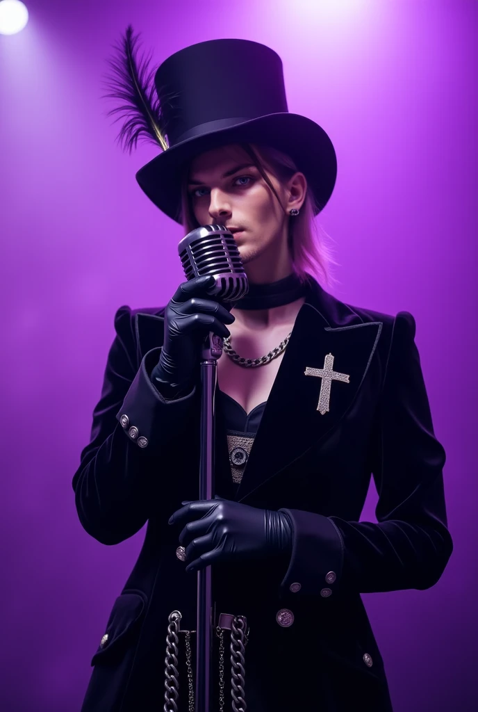 A performer stands on stage under dramatic purple lighting, creating a moody atmosphere. They are dressed in a gothic-inspired outfit, wearing a black velvet jacket adorned with cross emblems on the lapel and , adding a touch of mystery and mystique. The individual sports a tall black top hat, accented with a feather, complementing the vintage aesthetic. Their hands are covered in black leather gloves, gripping a classic retro microphone with metallic finish, evoking a sense of old-school charm. Chains hang subtly from their belt, adding texture and detail to their ensemble. The soft purple spotlight in the background creates an ethereal haze, intensifying the performance's enigmatic mood. The overall composition suggests a blend of classic and contemporary styles, with a strong emphasis on dark, evocative elegance.