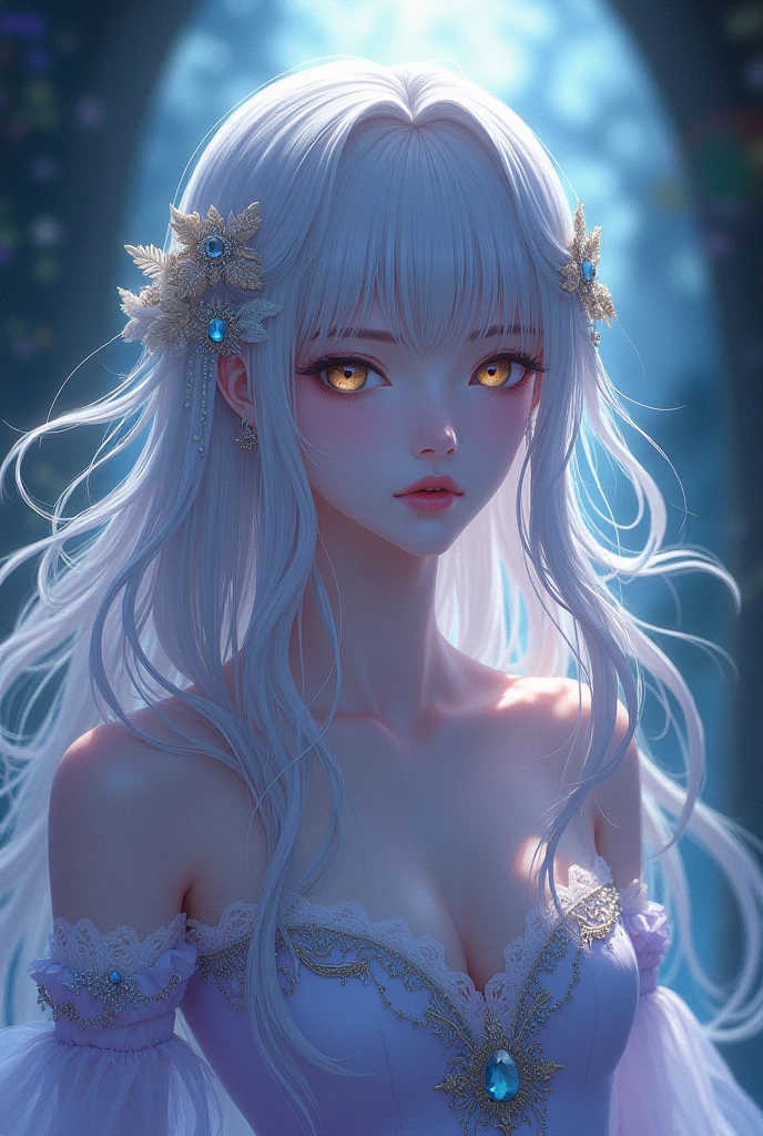 Create a beautiful girl with fine and delicate features with eyes of various colors with snow-white skin and all tones with a skinny hourglass-shaped body with white hair that reaches her waist with a height of 1,65 and have clothes from the anime hunter x hunter
