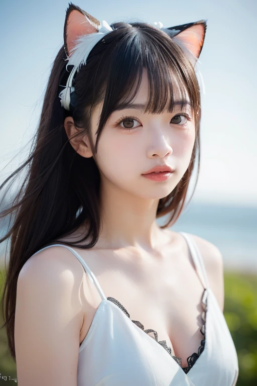 masterpiece, highest quality, 8k, 20th Generation, Big Breasts, cute, alone, sad, cute, Girlish, cute、Delicate girl, Pure beauty, RAW Photos, Professional photography, Portraiture, Soft Light, Professional Lighting, Backlight, Upper Body, avert your eyes, Sophisticated, Film Grain, (Round face、Young Face、Thin eyebrows、Thin lips:1.0), Floating Hair, beautiful, Flowing hair, bangs、(Big Breasts:1.2)、Pastel colored lace underwear、Voluptuous thighs、dolly make、Heterochromia iridis、Left and right eyes are different colors、Midsummer sky、Cumulonimbus、Summer beach