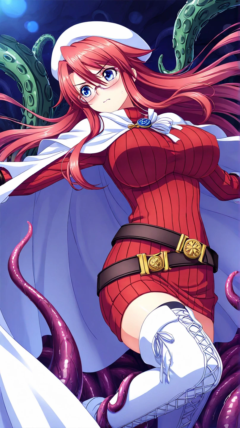 masterpiece, Highest quality,High resolution,Dorothy, Redhead,Red eyes, Have,dress,Braiding, black dress,One side of the dress is torn at the chest、Dust cloud、tits、Nipples fully visible、receive damage from an attack、anime、((Battle scene in the ruins))、blush、Line art、Pencil drawing