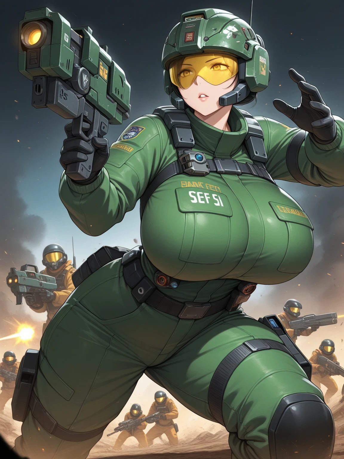 A badass muscular 21 year old female wearing green doomguy doom marine armor and helmet from DOOM with large breasts holding gigantic futuristic rifle walking down hallway of futuristic space station, ((show bare breasts and nipples hanging out, surround by multiple females wearing only thong panties cheering))
