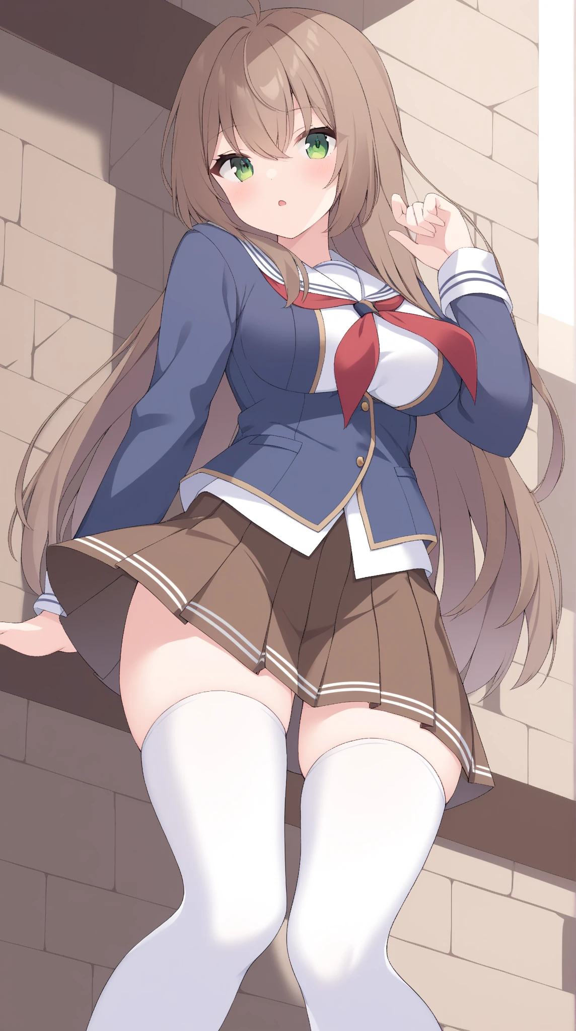 masterpiece, best quality, high quality, beautiful anime character, solo, anime girl with brown hair, soft hair, long hair, blue eyes, cat ears, big breasts, mature female, tall female, big girl, thick, (calming face, light smile, loving eyes), indoors, (white shirts, white panties, dark blue pleated skirt), cat tail, from below view, school girl, white socks, sitting, panties peeking, crotch highlighting,