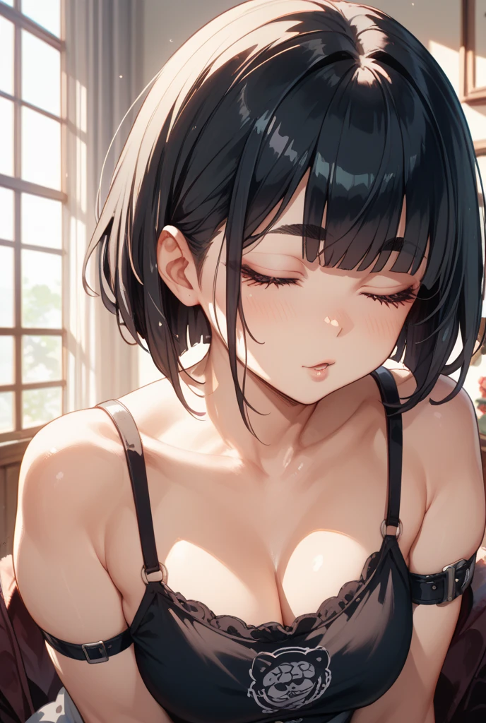 Ultra-realism、chest, accessories, solo, Black Hair、model、Shortcuts、Blushing, Sad、