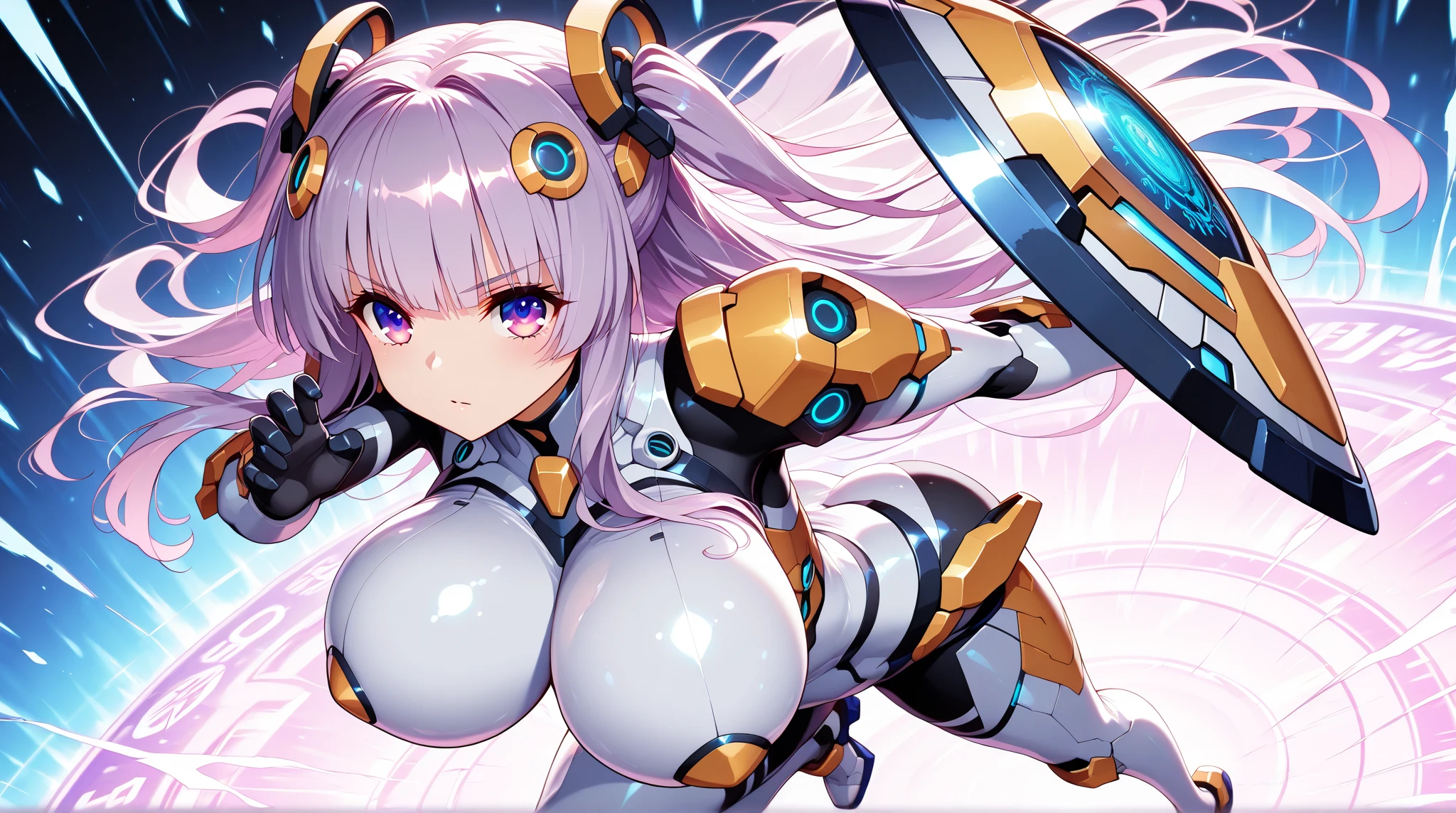art by nanatsuta, realistic, 1girl, pink hair, quin tails , mecha_musume, with extremely large robotic hands, large mecha arm, gigantic breasts, thick thighs <lora:large_mecha_arm_v1:1> <lora:nanatsuta-1740it-novae:1.3>