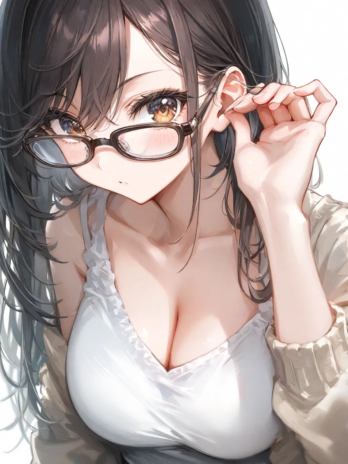 (best quality, Masterpiece), 1 girl, The sun shines, In the building, glasses, shy, 1 woman, young girl, (Goosebumps:0.7), Beautiful face, beautiful breasts, cute, wet, semen, (shyไลเนอร์, lipstick:0.9), 4K, 8K, UHD, HDR, detailed background, background