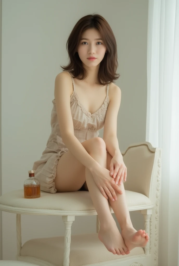 20yo female、(​masterpiece:1.4)、(8K、realisitic、Raw photo、top-quality:1.4)、japanes、(1girl in)、beauitful face、(Real Face:1.4)、(Caramel hair、long:1.3)、Beautiful hairstyle、Realistic blue eyes、Beautiful Detail Eye、(Real Skin:1.3)、Beautiful skin、enticing、超A high resolution、A hyper-realistic、high-detail、the golden ratio、(详细的脸:1.4)、(Japanese actor：Haruna Kawaguchi)、Tank Tops,,,,,、black hair shorthair、White see-through panties、NSFW、large boob、Big butt emphasis、the shape of the nipple areola is clear,、Looking at the camera、sit on sofa、pubic shape is transparent and clear.、Drenched in sweat、 Pose(Bend your knees and open your legs wide)
