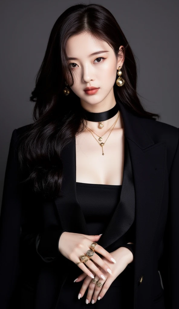 Beauty、Wearing a black suit、Wearing tight black pants、Holding sunglasses in hand、Long Hair、Wearing a necklace around her neck、He wears a gold belt around his waist、White background、The stomach is slightly visible