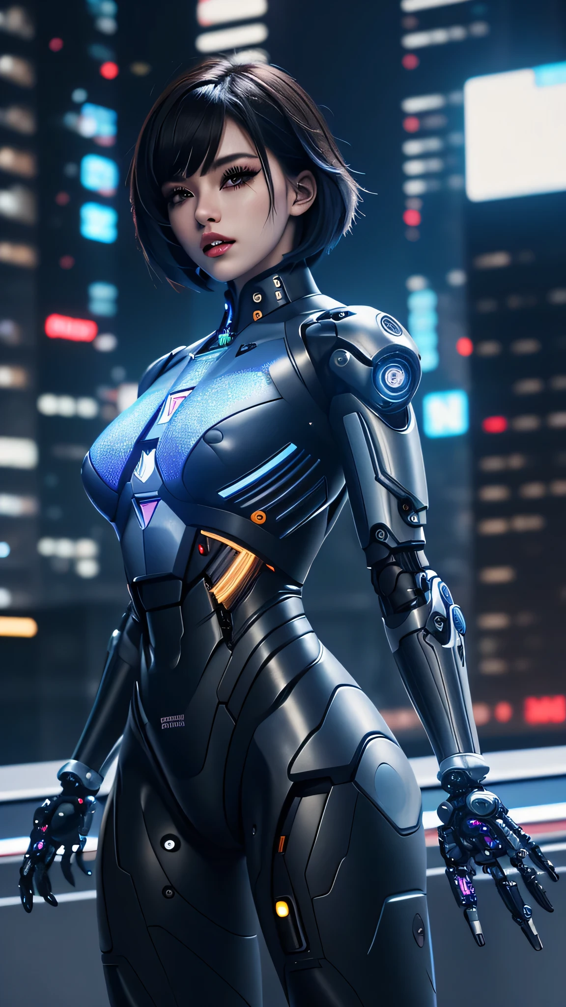 cyber punk, (((masterpiece))), (realism, realism texture), (top Quality, High Quality:1.3), (top resolution, high resolution), ultra detailed, (high detailed), beautiful robot girl, (she is incredible machine), (mechanical parts skin:1.3), (Fine skin face:1.3), ((Unparalleled Japanese idol sharp face:1.3), (curvaceous smooth mixed face)), white cheek, (Glossy Thin Mouth), wide mouth, detailed Mouth, ideal model body shape, (girl that looks like a black cyber punk android:1.2), woman is dressed in black Combat armor suit, machine parts, Wiring, frame of perfect machine, (robot limbs, robot joint), mechanical hands, she is machine structure complex android, (Straight Inverted bob hair:1.2), (eye shadow, mascara:1.2), (cowboy shot:1.3), computer chip, Night building Rooftop, from side