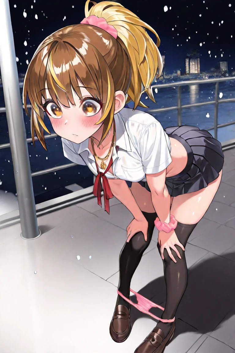 ((masutepiece, Best Quality, hight resolution, nffsw, Perfect Pixel, 4K, nffsw, nffsw))), 1girl in, Single, Solo, Beautie、full body seen、 ((Middle Wave Hair, Bangs, Brown hair)), ((Brown-eyed, Beautiful eyelashes, Realistic eyes)), ((Detailed face, Blushing:1.2)), ((Smooth texture:0.75, Realistic texture:0.65, Photorealistic:1.1, Anime CG style)), medium breasts, Dynamic Angle, Perfect body, ((red bowtie, , Black jacket, Open jacket, Brown cardigan, White shirt, Black skirt, plaid skirts)), City staircase、Looking up from the bottom of the stairs、Very embarrassing panic smile, turned around、bending forward、(The wind flipped my skirt and exposed my butt......................、Touching the buttocks with both hands、Light pink floral lace panties)、akebi komichi、 smiling at you、masterpiece, best quality, highres, kitagawa marin, 1girl, blonde hair, long hair, multicolored hair, red eyes, jewelry, earrings, piercing, , white shirt, tied shirt, black choker, blue necktie, plaid skirt, grin, smile, standing, cowboy shot, outdoors, 32K, 8K, (In the chest:1.2), Arms above the head, ((Opening legs)), masterpiece, Gorgeous lace string underwear in dark blue、((T-back panties that dig into the crotch))、Japan idle, Wide waist, ((open one's legs)), (Sloppily open your mouth), (Open both eyes wide), sweaty and shiny skin, Brown hair, poneyTail、Look at viewers , full body Esbian、perfect bodies、Luxury hotel lounges、