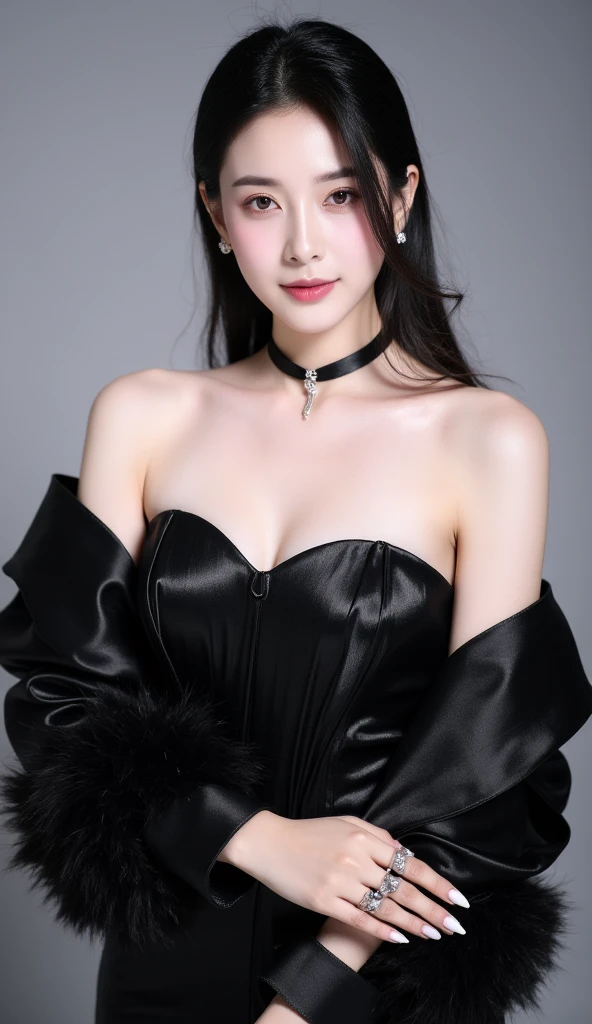 1 mature woman, lady, (solo), lying, bed, eyes closed, gothic style, dark red lipstick, detailed face details, detailed clothing details, jewelry, necklace, dress, black hair, looking at the audience, makeup, pale skin, short hair, slender earrings, necklace, medium breasts,