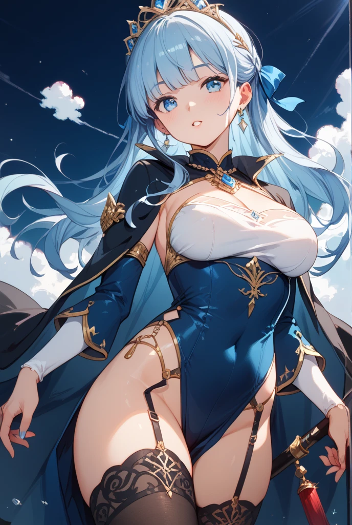 4K,High resolution,One Woman,Light blue hair,long hair,Bright blue eyes,Big Breasts,Swordsman,Blue high leg leotard armor,Long white gloves,White boots,hair band,Jewelry decoration,Long sword,Medieval town