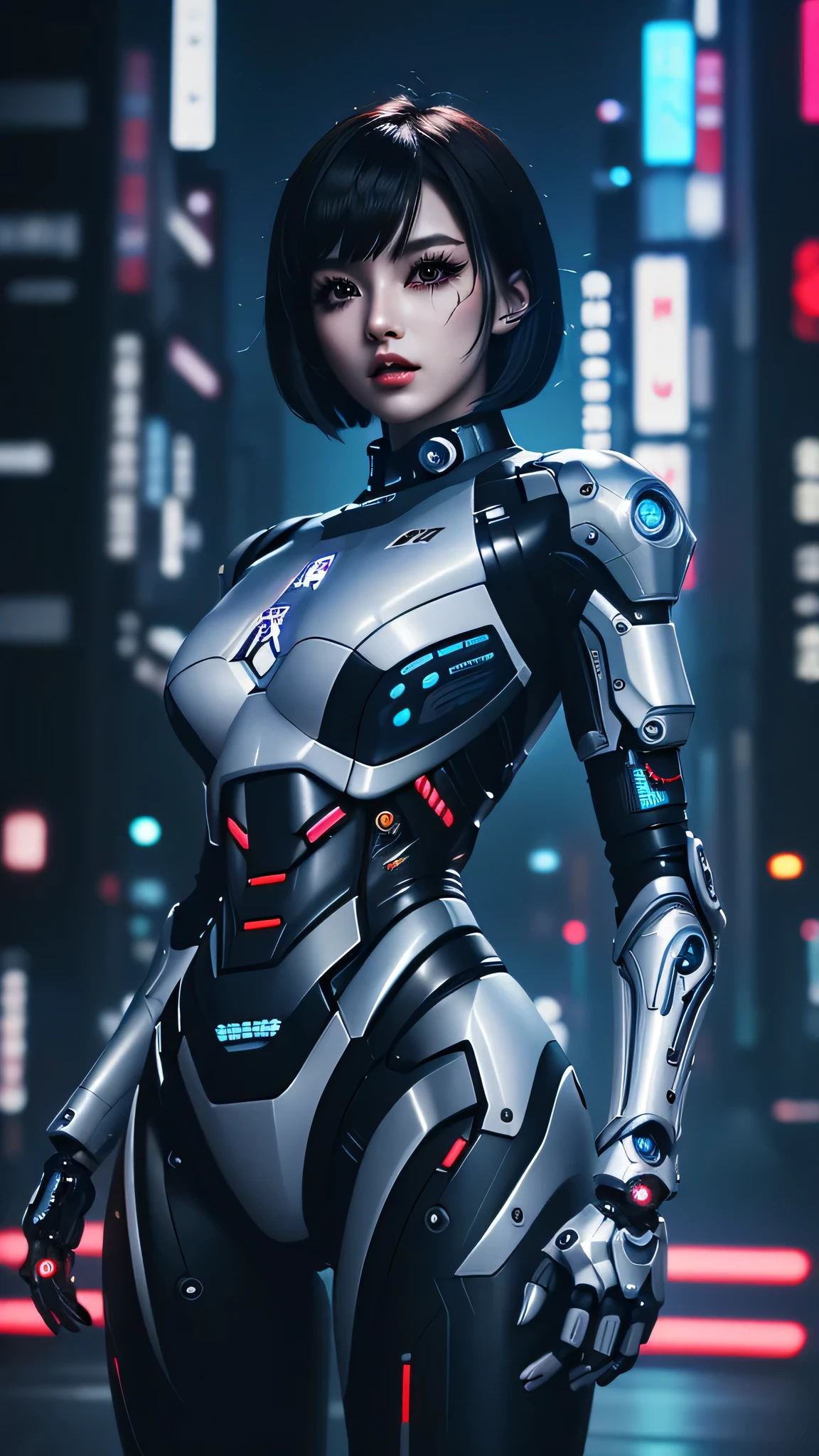 cyber punk, (((masterpiece))), (realism, realism texture), (top Quality, High Quality:1.3), (top resolution, high resolution), ultra detailed, (high detailed), beautiful android girl, (mechanical parts skin:1.3), (Fine skin face:1.3), ((Unparalleled Japanese idol sharp face:1.3), (curvaceous smooth mixed face)), white cheek, (Glossy Thin Mouth), wide mouth, detailed Mouth, ideal model body shape, (girl that looks like a black cyber punk android:1.2), woman is dressed in black Combat armor suit, frame of perfect machine, (robot joint), mechanical hands, (Straight Inverted bob hair:1.2), (eye shadow, mascara:1.2), (cowboy shot:1.3), Night city, from side
