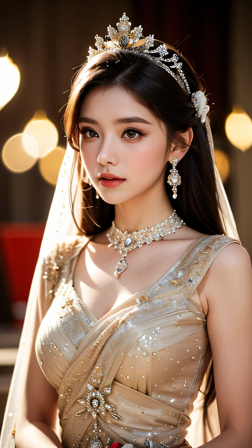 Beautiful majestic queen, staring at viewer, realistic, wear royal dress with intricate details, noble vibes, bokeh