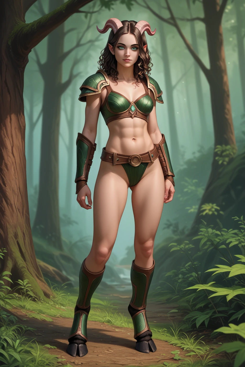 masterpiece, best quality, purple hair, pointy ears, female dwarf, collar, off-shoulder shirt, cleavage, brown leather vest, green pants, large breasts, walking, stairs, forest, night sky, boots, erected nipples, lustful smirking smile face red blushed red cheeks