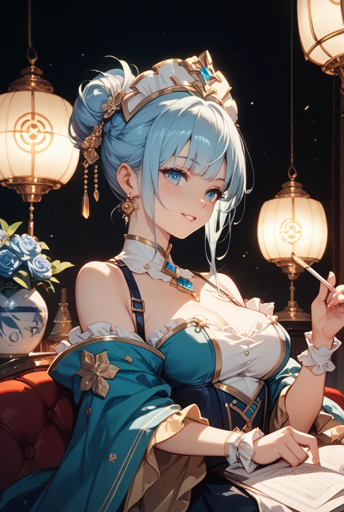 8K、top-quality、Masterpiece、An ultra-high picture quality、ultra-detailliert、Super beautiful、anime illustrated、Ultra-realistic flesh feeling、full bodyesbian、Bewitching look、shave ice、Off-shoulder blue yukata、Beautuful Women、Long blue hair、poneyTail、Blue eyes、shinny skin、Very gigantic-breasts、red lace brassiere、extremely big ass、shinny skin 、The background is a Japanese-style room in the daytime --auto --s2