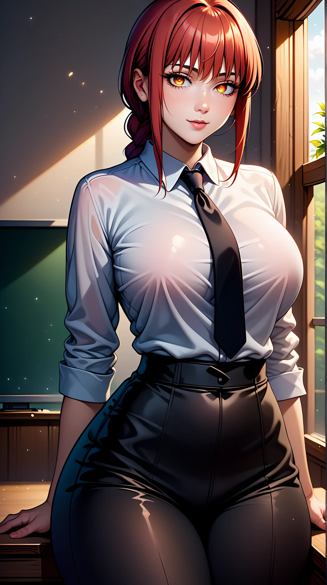 masterpiece, best quality,1girl, <lora:KINK_paizuriinvitation-12:0.8>, paizuriinvitation, cleavage, partially unbuttoned, button gap, (hands on own chest,deep skin:1.2), looking at viewer, gloom \(expression\), multicolored hair, SPIRALWASH EYES, indoors, study room, statue, paintings, desk <lora:KINK_spiralwash_800:1>