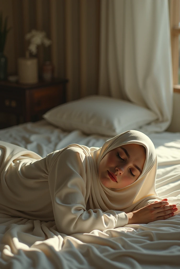 A girl laying on bed wearing Islamic burqa