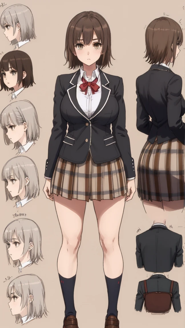 girl, alone, whole body, From head to toe, Are standing, (Huge_chest:1.3), (short_skirt:1.2), mini skirt, (very short_skirt:1.2)

Character design sheet, Character Reference Sheet, Character Turnaround,

Ebina Hina, short hair, Brown Hair, Black Hair, (Brown eyes:1.5), Glasses,

skirt, ribbon, , Jacket, black Jacket, Plaid, Plaid skirt, blazer, The room is expensive ,