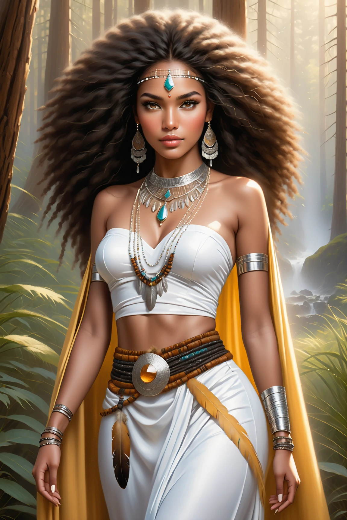 A realistic image of the ethnic model of Africa's most beautiful woman, avec robe demarigae afrcaine photographie, Portrait Style, Inspired by fashion and beauty photographers, source: 50 mm, Plan moyen, natural light, 8k resolution , (Rendu 3D professionnel:1.3) de (Realstic:1.3) The most beautiful art photo in the world,Oxum, The African Orisha,Femme noire, La plus belle, Rare beauty, ,Yellow and gold clothing,Orixá of waterfalls,La plus belle Femme noire, belle , magnifique, Queen of Love,couleurs jaunes, Carry a detailed and complex ade, regard doux, Cosmic goddess,impressionnisme,afrofuturiste, Full-body 8K unit rendering, Cascades, Forest lighting, Ombrage clair, detailded, face detailed, (vibratoire, Realistic Photography, Realstic, dramatique, mise au point nette, 8k), (African clothing of the tribes :1.4), ((((utiliser des tissus)))), (complexe:1.4), decadent, (highly detailed:1.4), digital painting, rendu par octane, Art stations, concept art, lisse, mise au point nette, Germ of art, (loish:0.23), WLOP Ilya Kuvshinov, e Greg Rutkowski et Alphonse Mucha Gracias, (Illumination globale, Studiolight, Lightweight volumetric), fortes pluies, particules flottantes, fantaisie, Notre, Gros plan Rosto, ((fond sombre: Forest and waterfalls:1.3)),CGSesociedade,Art stations