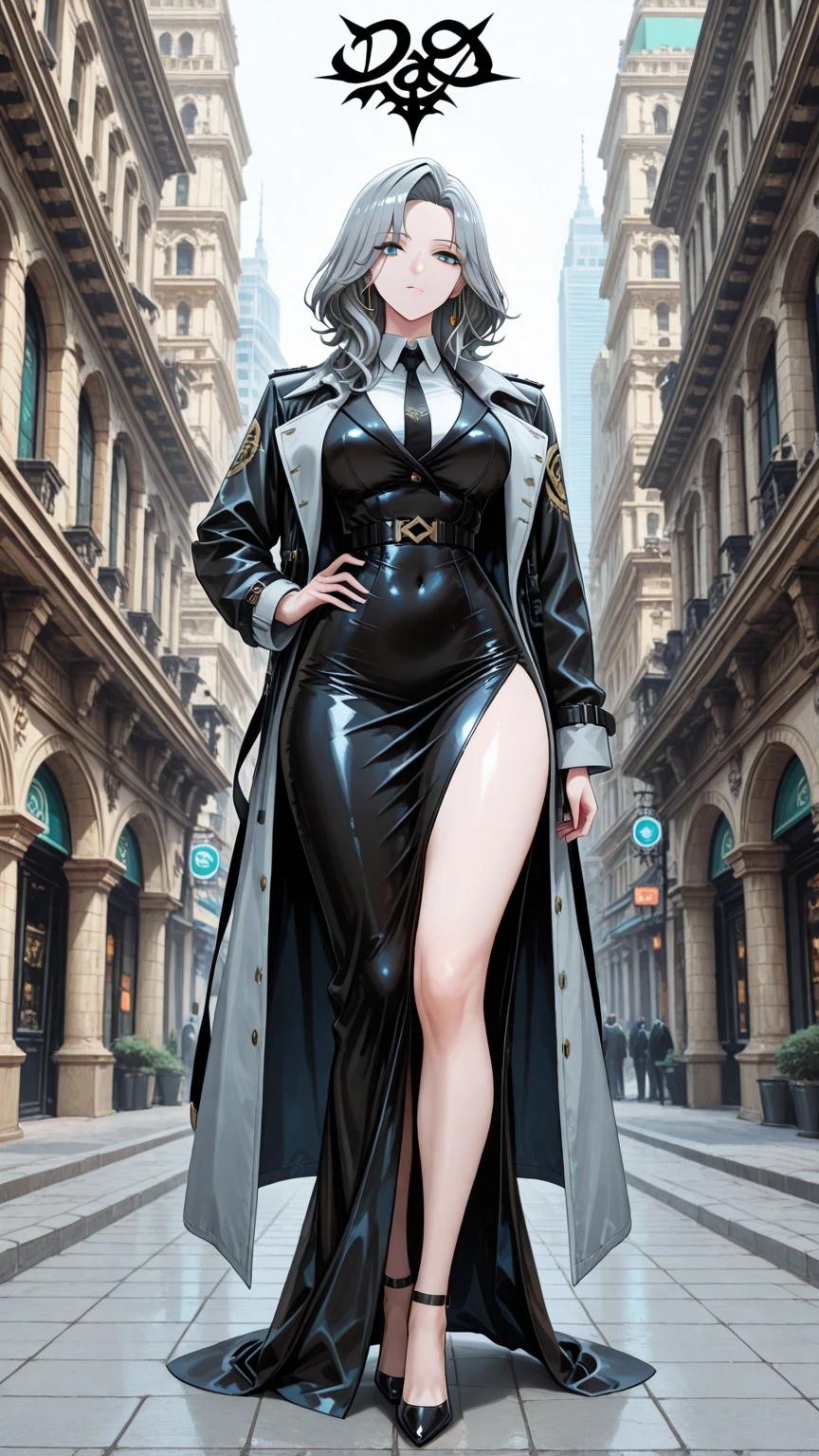 agirl, anime girl, mature woman, silver hair, (geisha hairstyle), ((tight swimsuit)), (silver long coat), ( ghost mask)), ( night), cyberpunk, cyberpunk, (beautiful eyes, sharp eyes, cold face, full body), (high level detail), ((big breasts)), big ass