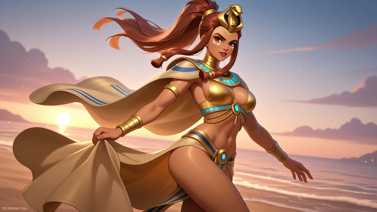 ((full body)), (((head to toe))), (((1 female, solo))), beautiful blushing slender Queen of Earth (((with sandy chignon hair))), small bust, narrow waist, thin legs, (((against Earth as a planet background))), (((gorgeous iron brassiere, loincloth))), iron necklace, iron tiara, veil, (((American comic style with dark contours))), (((art by J. Scott Campbell)))