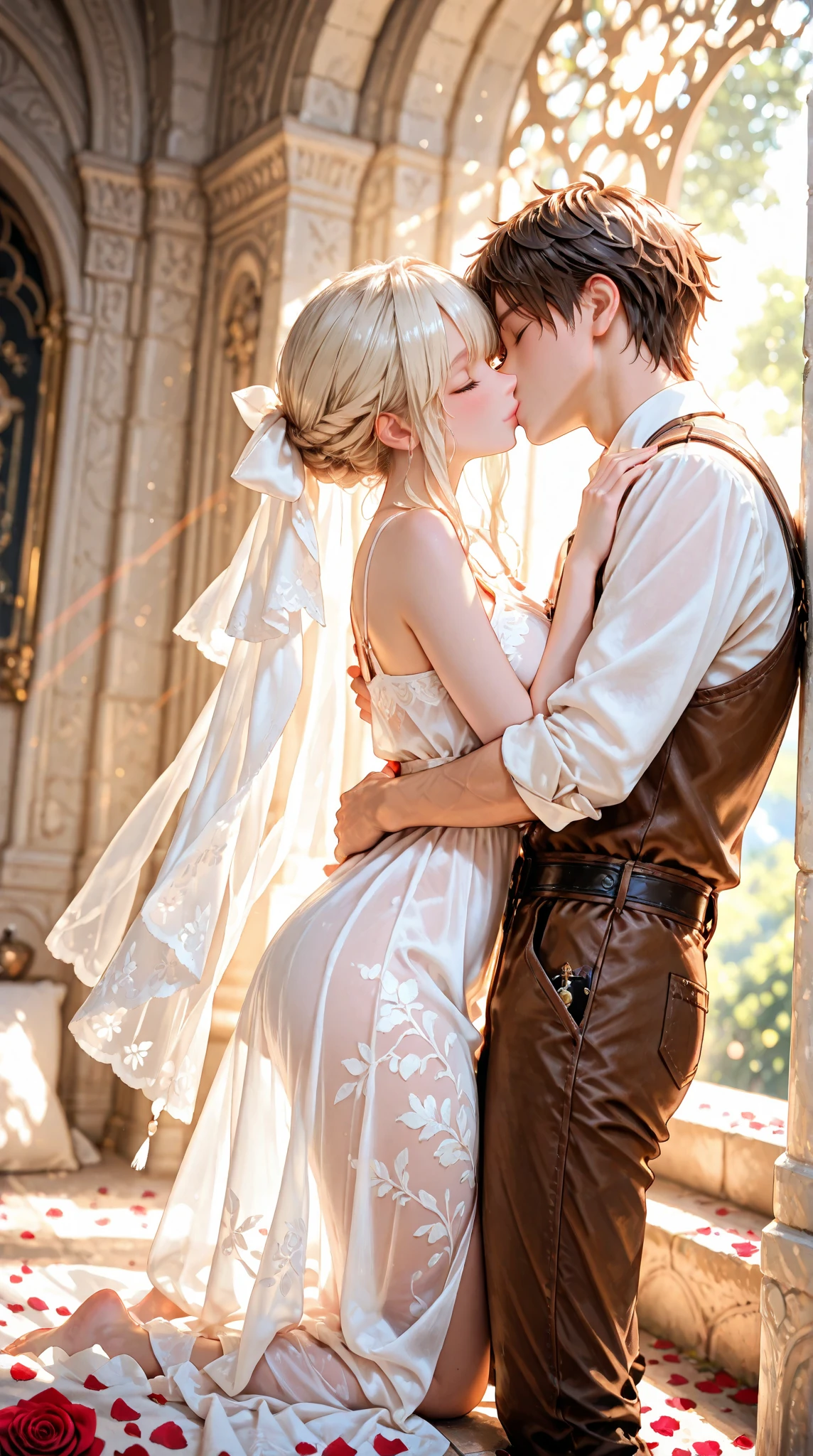 (sexual harassment:1.6), { 1girl having ((threesome sex)) with 2men, in the Versailles palace }, { the girl is (((stand between a door frame))), (spread leg) }, { (((a man is standing behind the girl, back hugging, pressing man crotch to girl ass))), (((standing sex from behind))), grab breasts }, { (masterpiece:1.3), (best quality:1.3), (photo realistic:1.6), (8K resolution:1.3) }, { shallow depth of field, (god ray:1.2), (bounced front lighting:1), (soft diffused lighting:1.8), (extremely dim background), (low key:1.8) }, { the girl is beautiful 22yo, (blue eyes), (blushed face:1.2), (weeping:1.1), (open mouth:1.2), (tongue out:0), (eyes rolled up), (sexually aroused:1.6), (sexual pleasure, lust), (shiny skin), slender body, firm pointy breasts, tight abs, (perky nipples:1), ((blonde)) (long wavy:1) hair }, { the girl is wearing luxury ((translucent)) ((bridal dress)) with (detail golden trim), off-shoulder, deep cleavage, golden (cross necklace) }