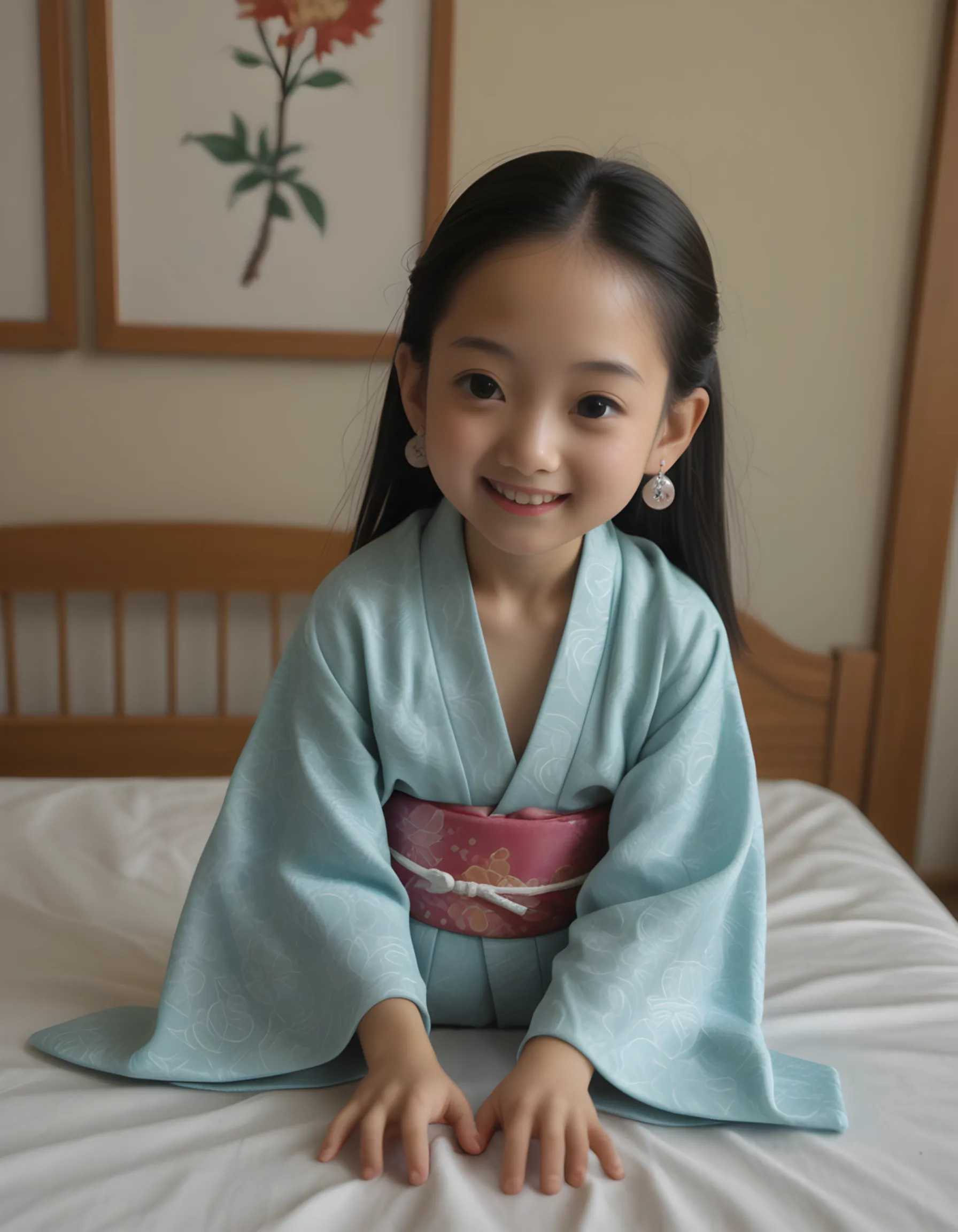 7 year old girl, Asian, wearing a kimono, bare shoulders, in a bedroom