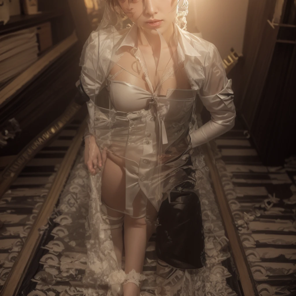 high high quality,A high resolution,masterpiece,8K,(Hyperrealistic photos),(Portrait),digital photography,(Reality:1.4),20-year-old girl,exquisite facial features,green and blue pupils,((Women in the workplace)),Random hairstylelack color hair),Big breasts,(Suit,Workplace attire,black necktie),Keep your mouth shut,scowling,Cold and serious,extremely detailed expression,realistic detail,Light magic,Photo pose,oc render reflection texture