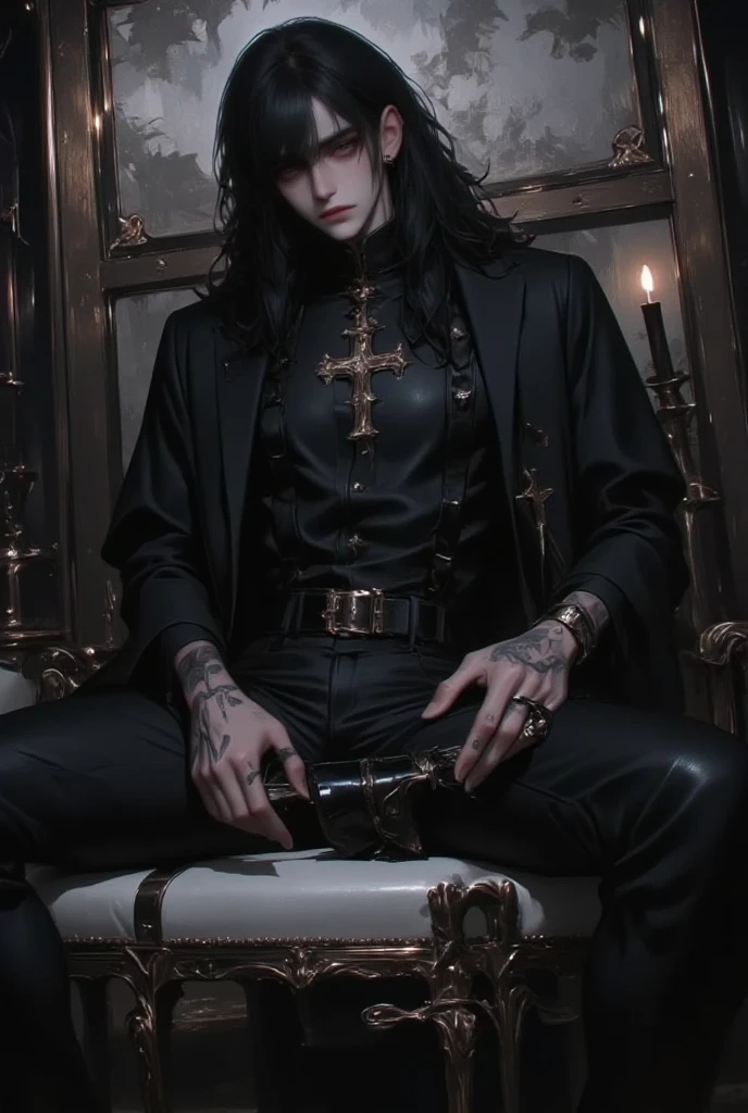 A stunning, high-quality photo featuring a man sitting majestically on a metallic artist's chair, dressed in a devilish outfit reminiscent of the game "Devil May Cry". His pose is confident and dramatic, with a devilish grin on his face. The background is a complex, graffiti-covered wall adorned with intricate "EKO" typography, created using mechanical ornaments. The atmosphere is dark and mysterious, with several neon lights illuminating the scene. The floor is damaged and worn, adding to the overall gritty aesthetic. The image is ultra-high definition, ultra-clear, and exceptionally detailed., photo, typography