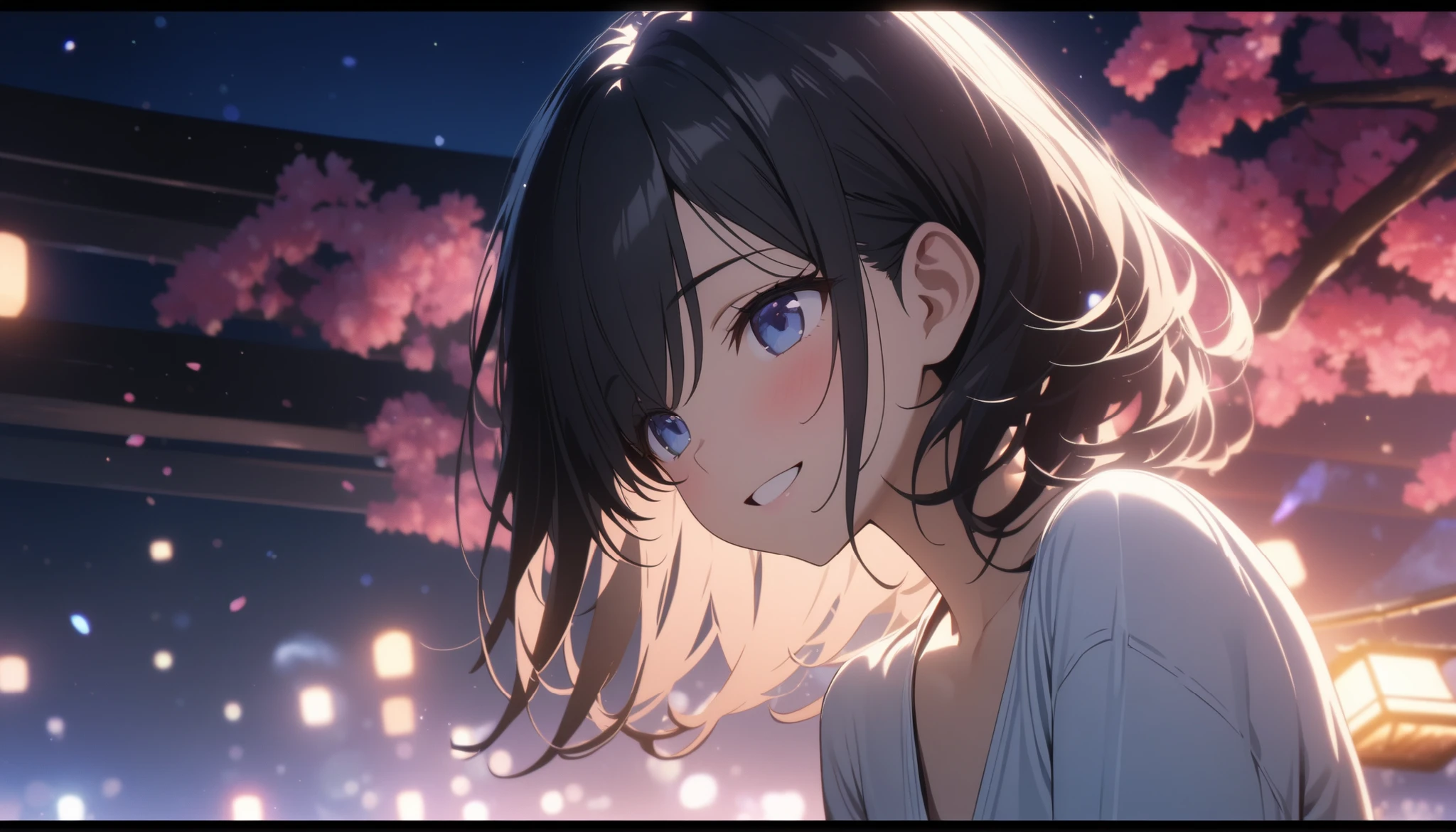 4k, (masterpiece), highest quality,  2D, ((NSFW)), (teen anime schoolgirl), (unbuttoned shirt), (small breasts), nipple, long brown hair, blue eyes, smile, full height, clear eyes, black eyelashes, (Complex), dramatic, beautiful anime, Trending on CGsociety、(highest quality、masterpiece、High resolution、detailed)、(Shining eyes、detailed beautiful face)