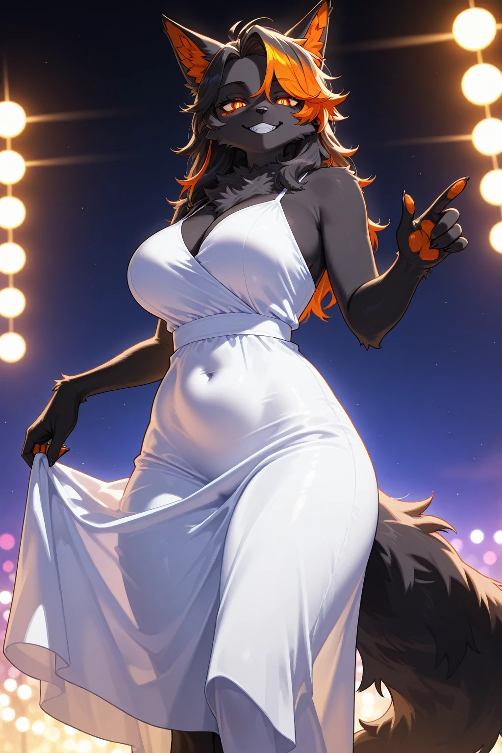 diane zorroington, female, zorro, orange fur, large breasts, green eyes,single, sexy, curves, affected smile, 4 fingers, busty, wearing a black sleeveless and strapless dress, cola, bright, HD 8K, in a dance hall