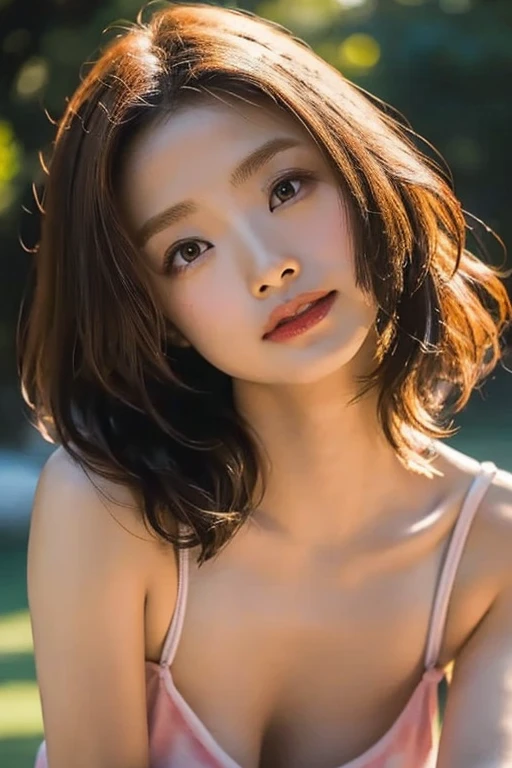 (1个Giant Breast Girl，a color，（tmasterpiece：1.4），（Best picture quality：1.4），8K，Girls HD，Ultra-clear，1个Giant Breast Girl，double eyelid，（Europe），Be red in the face，blue-sky，baiyun，shadowing，Leaf spots，Tyndall Sunshine，（orthofacial），big laughter，dimple，teeth showing，（stacked curly in short  Bob  :1.3）naked portrait, nude photography, shiny nipple 