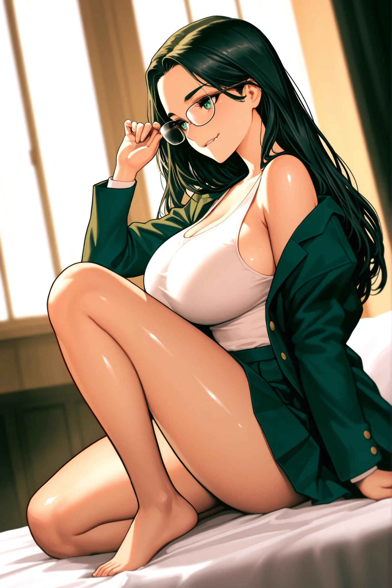 Very beautiful, Anime style, Face visible, Big eyes, Glasses, Cute face, Human, Obese, Legs spread, Genitalia visible, Big clitoris, Black labia minora, (Masterpiece, Top quality, High resolution, High resolution, Super detailed, Bishoujo game CG, Visual novel style, Sharp details, Detailed image \(Medium\)), (Bright sunny day: 1.3), 1 woman, Black hair, Long hair, (Wearing socks, Naked: 1.3), Full body, (Saggy breasts: 1.6), Big breasts, Long, (Armpit hair: 1.3), (Unwanted hair: 1.8), (Armpits, Hairy pussy, Armpit hair, Messy hair, Cleanliness, (Freckles), Standing, Legs spread, Sweaty steam,SFW