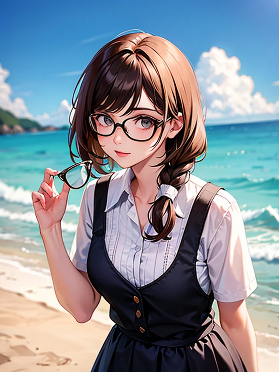 Anime girl with glasses and a hat sitting on a bench, Marin Kitagawa Fanart, Cute girl anime visuals, Misato Katsuragi, As an anime character, Anime Moe Art Style, magic , safebooru anime images, y 2 k cutecore crowncore, Short full body portrait!, megumu okada