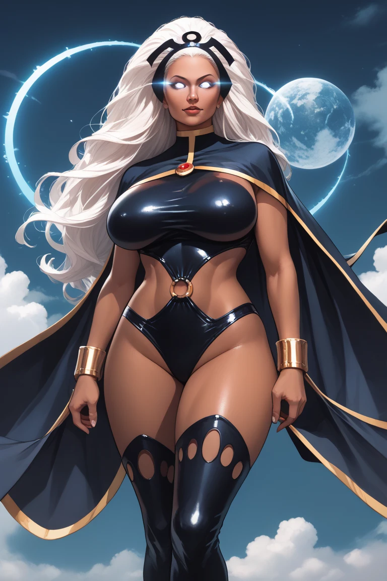 (New York: 1.4), (Time Square: 1.3), (Day with Thunderstorm and Lightning: 1.5), Storm, also known as Ororo Munroe, is a Marvel character with a remarkable appearance. She is a dark-skinned woman with a beautiful face and perfect features, with bright white eyes and long silver hair that flows like a storm. Its height and size are impressive, conveying a majestic presence.
Her iconic costume consists of a white leather outfit that clings to her body, accentuating her curves, with gold details including a high collar and long gloves and a gold belt. She wears a cape that extends to her ankles, reminiscent of the clouds of a gathering storm. Storm also sports dangling earrings and a gold belt. Her clothing evokes a balance between elegance and power, reflecting her ability to control the natural elements, especially the weather.
(Slim body: 1.5), (White shiny leather clothing: 1.5), (Average breasts: 1.3), (Hanging breasts: 1.3), (Full breasts: 1.3), (Realism: 1.5), (Realisitc: 1.4) , (Absurdity:1.4), 8k, ultra-detailed, detailed beautiful woman, (only:1.4) , 1girl, (Viewer facing:1.2), (Day with storm and lightning: 1.5), Intricate body details, (Curvy :1.3),(short:1.3)