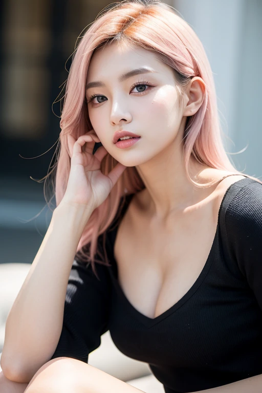 25 years old woman with pink hair, RAW photo, (photorealistic:1.4, realistic), highly detailed CG unified 8K wallpapers, 1girl, (pink hair),((thick body:0.7)), (big breasts:1.5), looking at viewer, ((straight from front)), (HQ skin:1.8), 8k uhd, dslr, soft lighting, high quality, film grain, Fujifilm XT3, ((((full body:0.8)))), ((black dress)), ((Home))) livyrenata