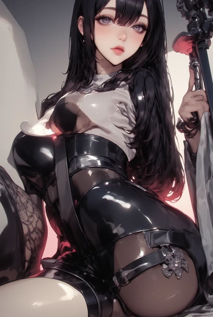 (Masterpiece, 8k, Best Quality, Highly detailed, depth of field:1.4), 1girl, black hair, black pantyhose, blue eyes, blue headwear, breasts, capelet, gloves, flinlock gun, hair between eyes, handgun, hat, hat feather, holding, holding gun, holding weapon, aiming at viewer, large breasts, long hair, looking at viewer, pantyhose, ponytail, revolver, shirt, skirt, solo, standing, thigh strap, weapon, white gloves, (skirt lift:0.8), panties, blush, seductive face, licking lips, sly smile, shy face, questionable, nsfw