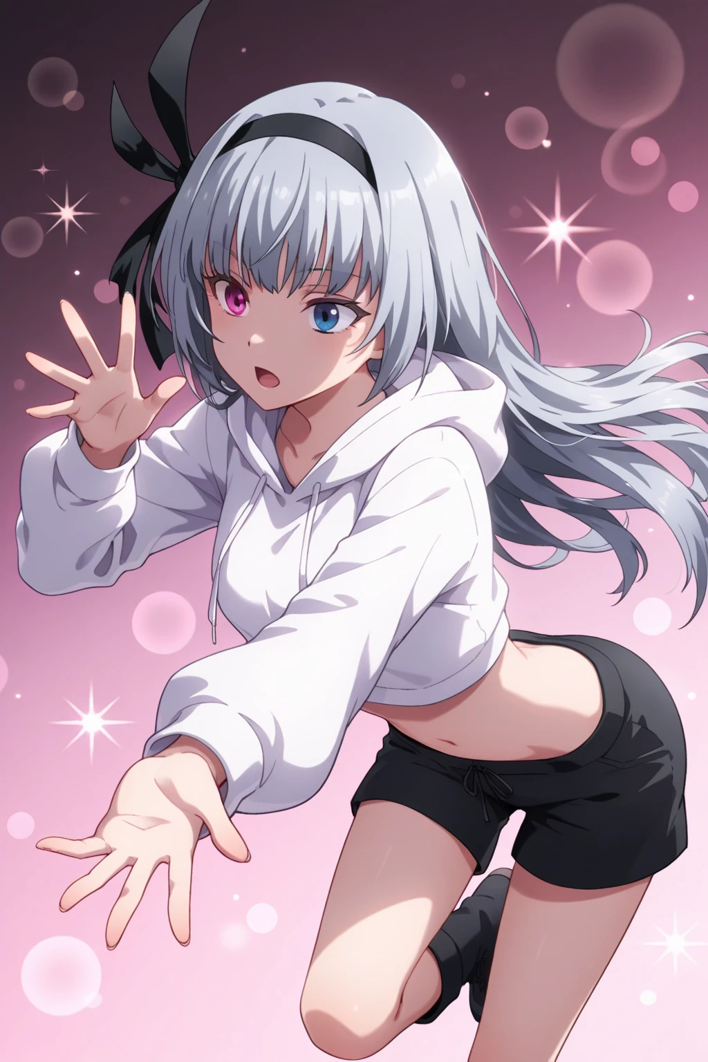 hiquality, tmasterpiece (One Loli Girl) streamer, Headphones with microphone on the head, Gray hair with iridescent strands, with two long ponytails and dark bows on the tails, pink eyes, one eye covered, Cute smile with an open mouth and a fang, White jacket with rainbow patterns, panty, bare feet. In the background of the room