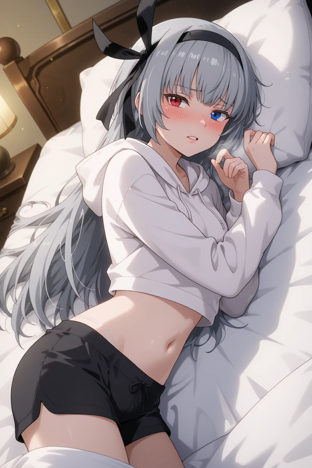 NSFW,masterpiece,Highest quality,High resolution,Super detailed,Snowstorm、Gray Hair、One-sided braid、Ahoge、Earrings、Fox Tail、fubuki_base、White blouse、Sleeveless、Black shorts、Blue neckerchief、Thigh straps、Single knee socks、White Hair、One side braided、Ahoge、Earrings、Fox&#39;s Tail,Embarrassed,Estrus,Lust,blush,Expecting face,Seduce,Girl&#39;s Room,bed,From above,Lying down,Lying on your back,Raise your arms,Spread your legs