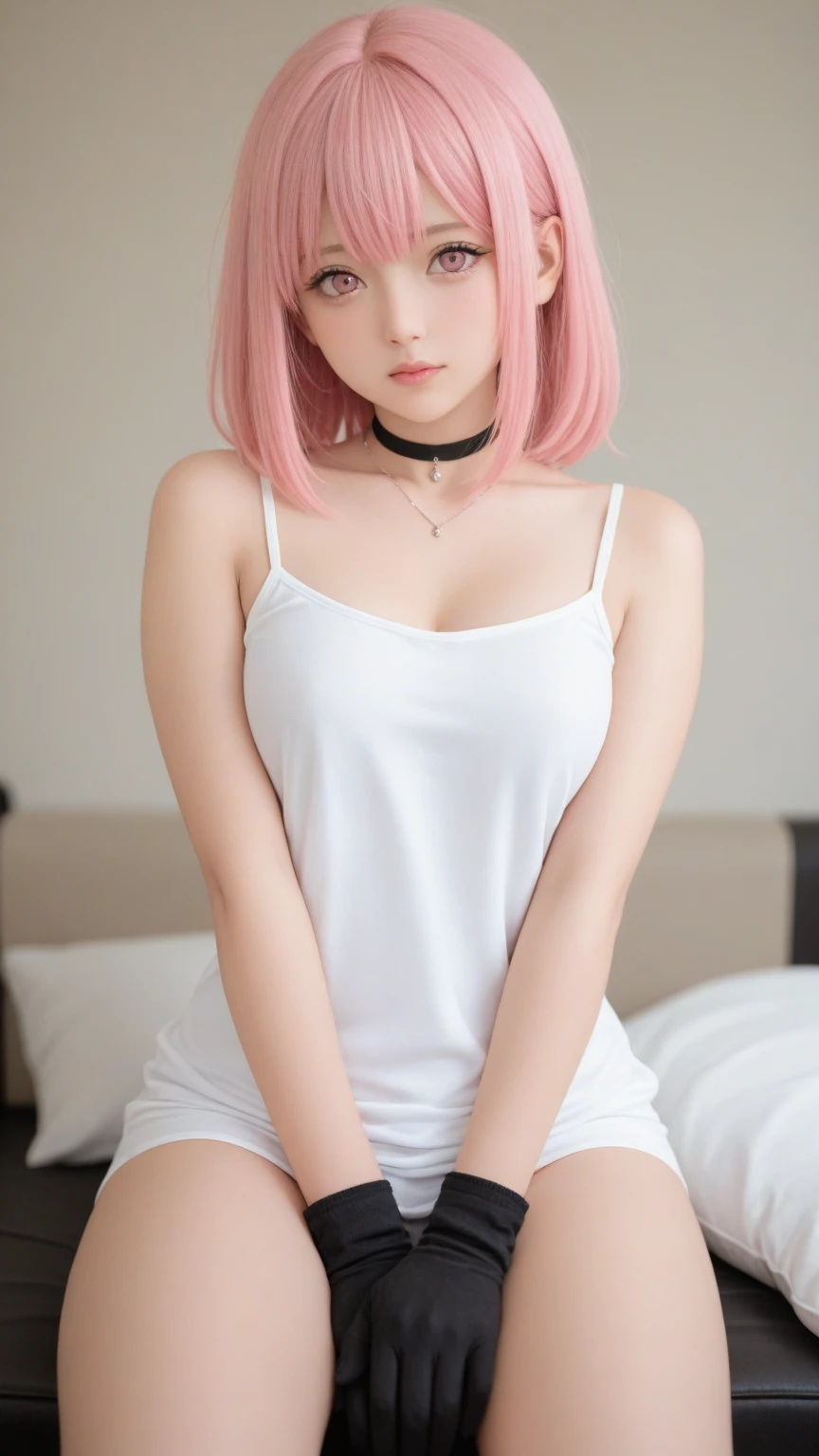 ultra quality, realism, highres, room, bed, back view, TWICE Momo, beautiful eyes, flowy short pink hair with buns, glittery cheekbone makeup, pouty face, dark eyeslashes, pink bra, sexy bust, jeans shorts, thin waist, big ass, thick thighs, bare back, heart tattoo on back, back view, turning back at viewer