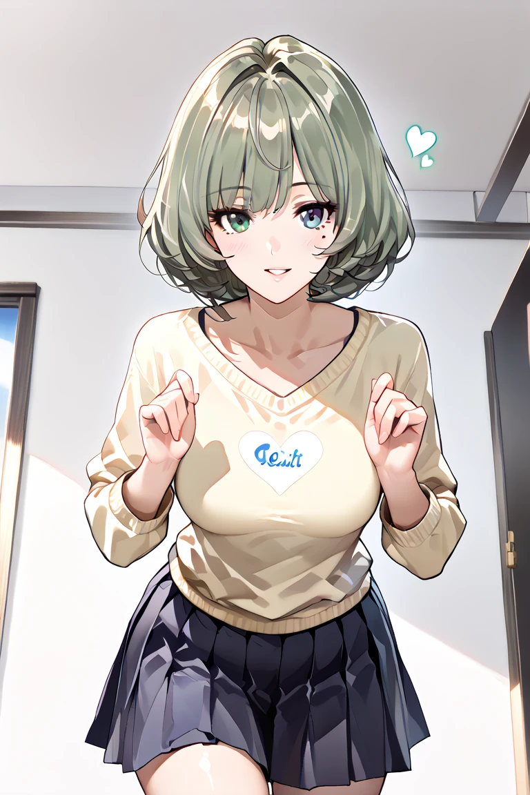 Short white hair, blue eyes, eyepatch, adorable smile, cute smile, skirt, sweater, gray sweater, big butt, big ass, wide hips, big thighs, thigh highs, femboy, feminine male, looking up at viewer, front view, lusty smile, shy, blush, blushing, fellatio, fellatio gesture, peace sign, open mouth, tongue, sticking out tongue, drool, short skirt, grabbing own ass, grabbing own butt, jack-o pose,