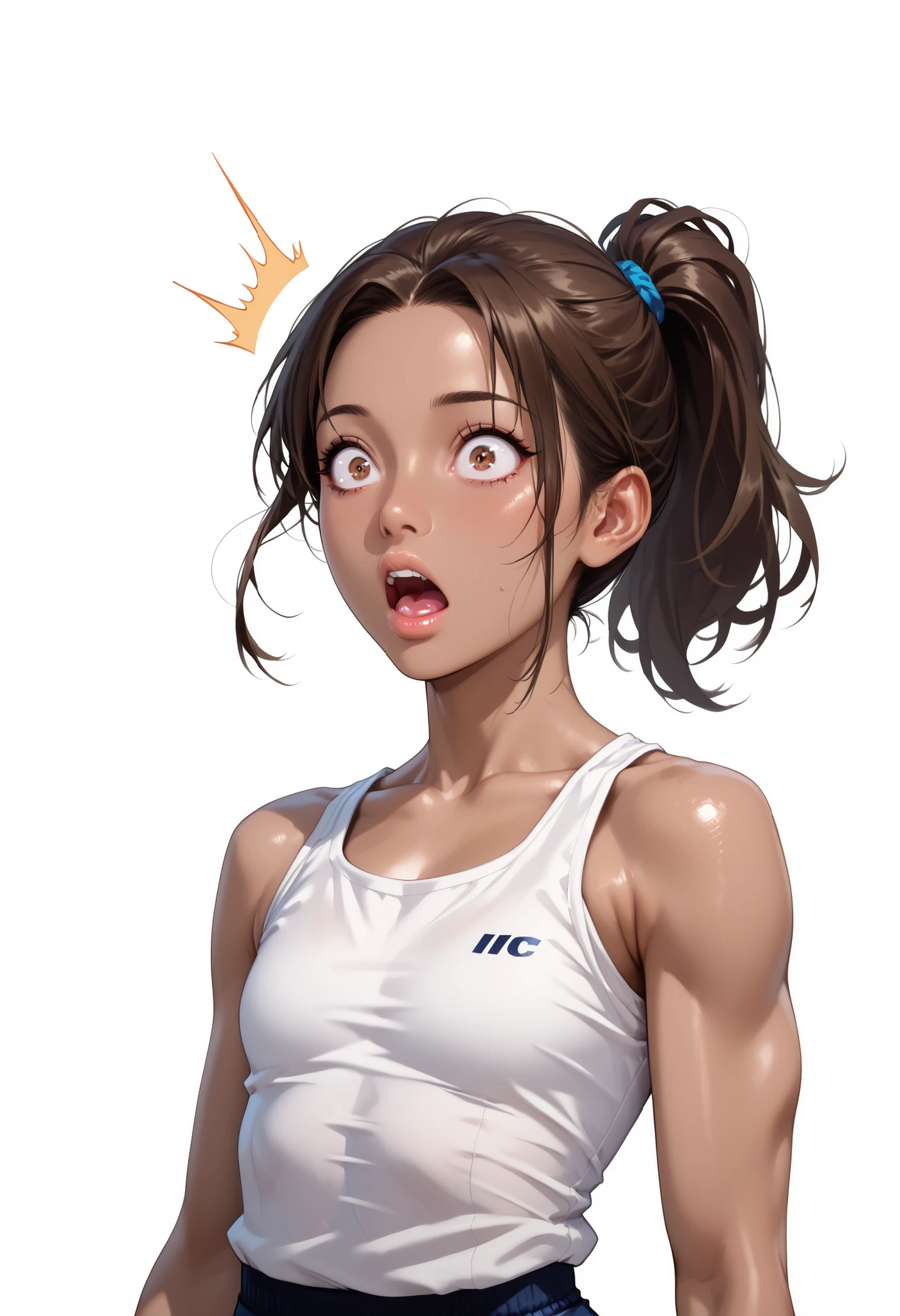 A unique illustrated character with a manga style, featuring long, straight hair in a blend of gray and light brown tones. Her large, expressive eyes are a striking blue, while her nose and plump lips add to her charm. She is wearing a navy tank top that accentuates her figure, giving her a confident and alluring presence.