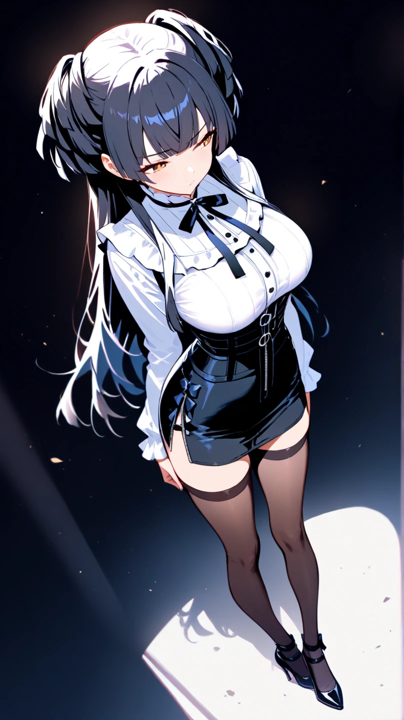 one-girl,(Chest above close-up 1.5),black color hair,White rabbit ears,bunnygirl,Sexy action,cleavage,校服,white shirt,lacepantyhose,pleatedskirt,Close-up shot,rabbitears,Mayijan,forward leaning,Behind the arm,light smile,Be red in the face,Best quality at best