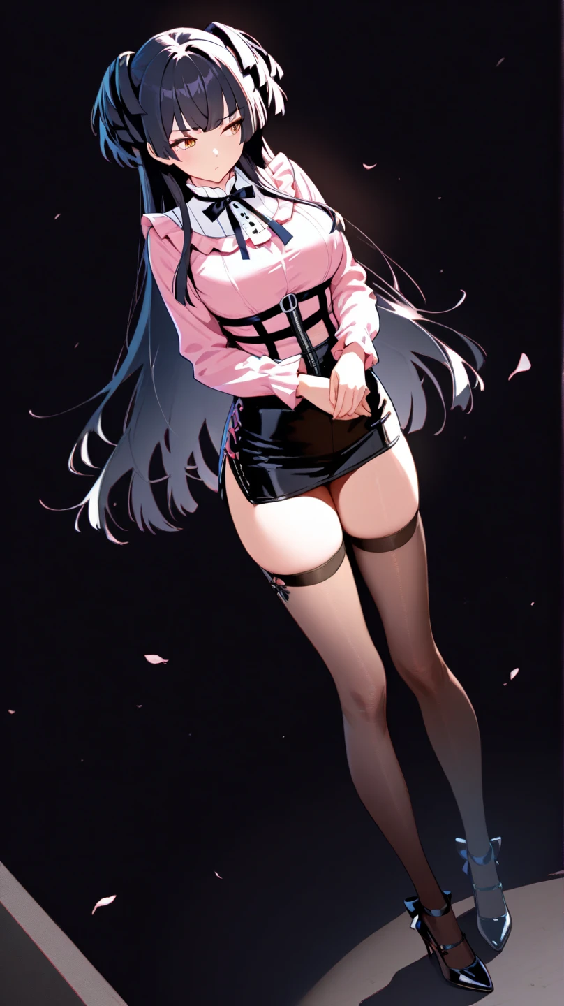 masterpiece,anime style,chibi,sexy girl,black hair,shoulder length hair with two pigtails,bikini,smiling,larger breasts,waiting on the right side of the image,showing cleavage,full body,standing,alone