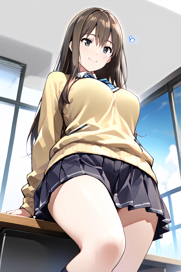 ((best quality)), ((masterpiece)), (detailed), anime girl in school uniform 18 years old in a landscape of a famous school big breasts and cleavage, mini skirt, white panties ((view from below))